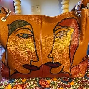 Adriana Bottary Signed Leather Purse Folk Art Faces Crossbody Beautiful